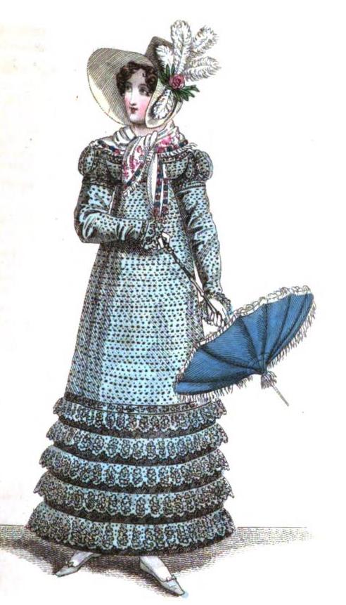 From the Magazine's September 1818 issue: "Parisian walking dress is a round dress of printed muslin, of a cerulean blue spotted with black, with bordered flounces of the same material to correspond, between each flounce a layer placed of black brocaded satin ribbon--bonnet of black brocaded satin ribband..parasol of barbel blue..slippers of pale blue kid and washing leather gloves."