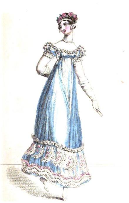 Summer recess ball dress: frock of white crape, Venetian gauze, richly embellished at the border with small double Indian roses of a beautiful pink colour, and mingled with leaves of crape and pearls...the headdress consists of a double wreath of Indian roses...white satin shoes and white kid gloves.