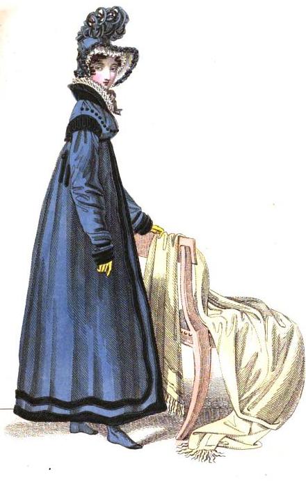 English walking dress featured in La Belle Assemblee, October 1818: "Garter purple poplin pelisse, ornamented with black velvet. Mary Scot bonnet and Waterloo half boots.