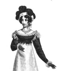 The canezou is a type of spenser--this one is in black satin and part of a "fancy mourning dinner dress." From the December issue of La Belle Assemblée, 1818.
