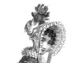 Here is a transparent bonnet of white net and lilac satin, "crowned with a bouquet of French double poppies." La Belle Assemblée, June 1818