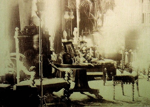 Viscount Combermere is thought to be sitting in his favorite chair in this photograph taken by his sister, during his funeral, while the house was empty