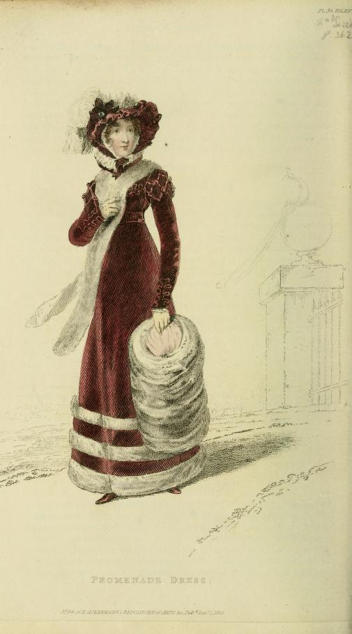 This mulberry-coloured promenade dress looked decidedly festive with epaulettes and sleeves fashioned to look like leaves. The skirt is edged in chinchilla, matching the large muff. From Ackerman's Repository of Arts, Vol. 14, 1822