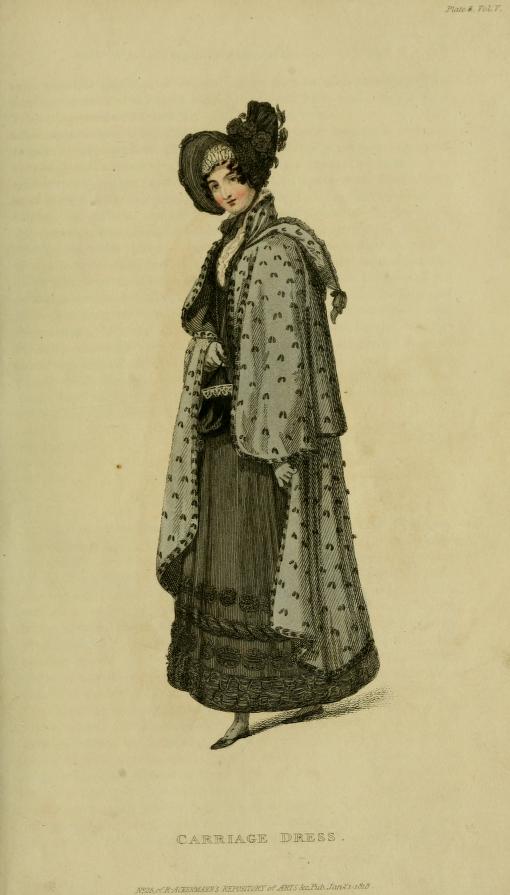 This carriage dress, courtesy of Miss McDonald, no. 84 Wells-street,  is made of bombazine. The wrapping-cloak is Russian "novel and striking." The little purse, called a ridicule, is of black velvet.