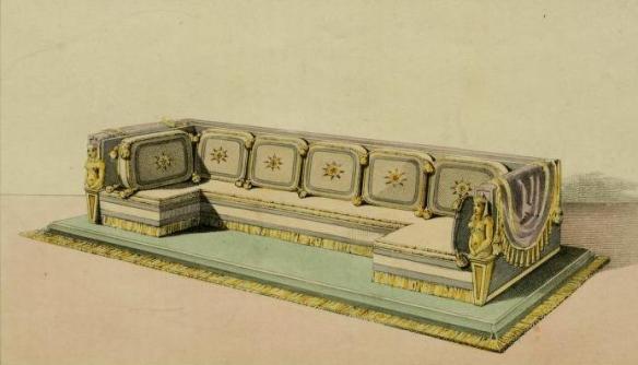 The Ottomann couch, as it appears in the Magazine of July, 1814, volume XII showing "great diversity of form and arrangement, and an unbounded variety of decoration." For living the High Life