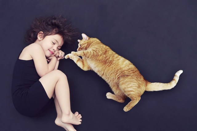 sleeping girl, pouncing cat